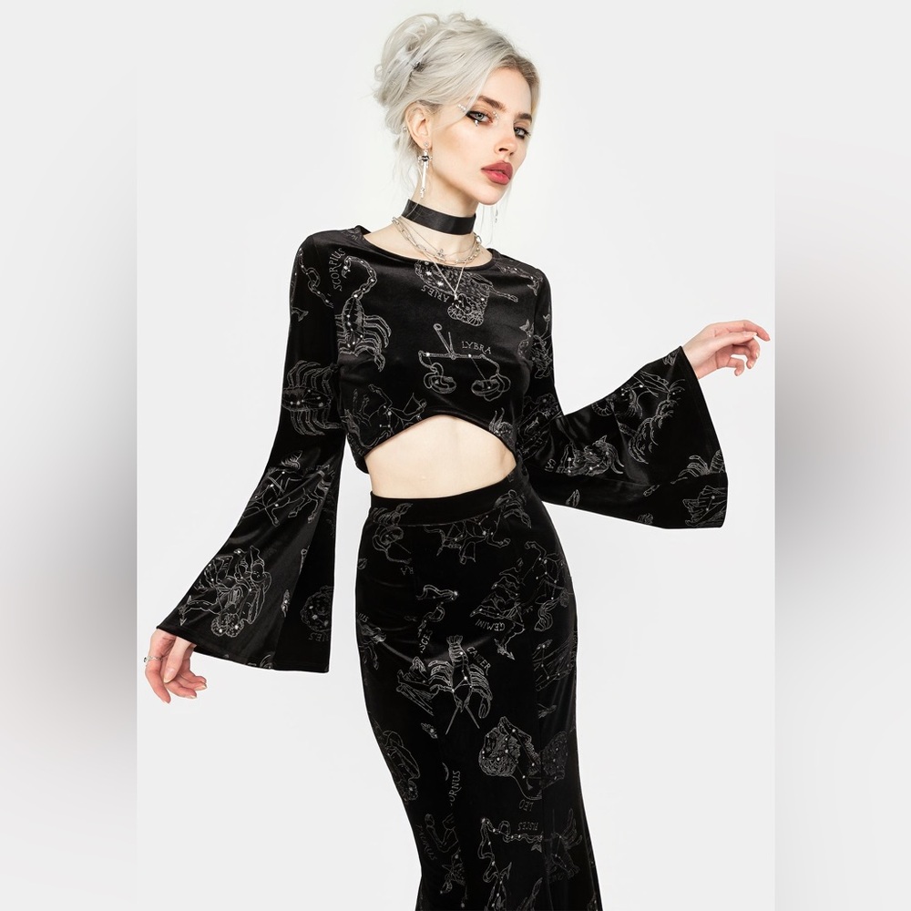 NWT Disturbia Zodiac Foil Print Flute Sleeve Crop Top US 4 / UK 8